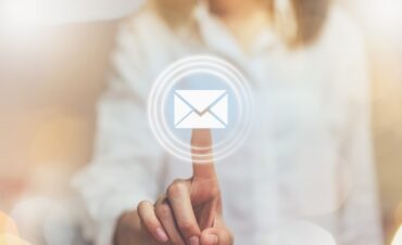 Hand of business woman pressing button icon email, Concept of communication and working online.